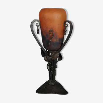 Daum, art-deco table lamp wrought iron tulip glass signed sb