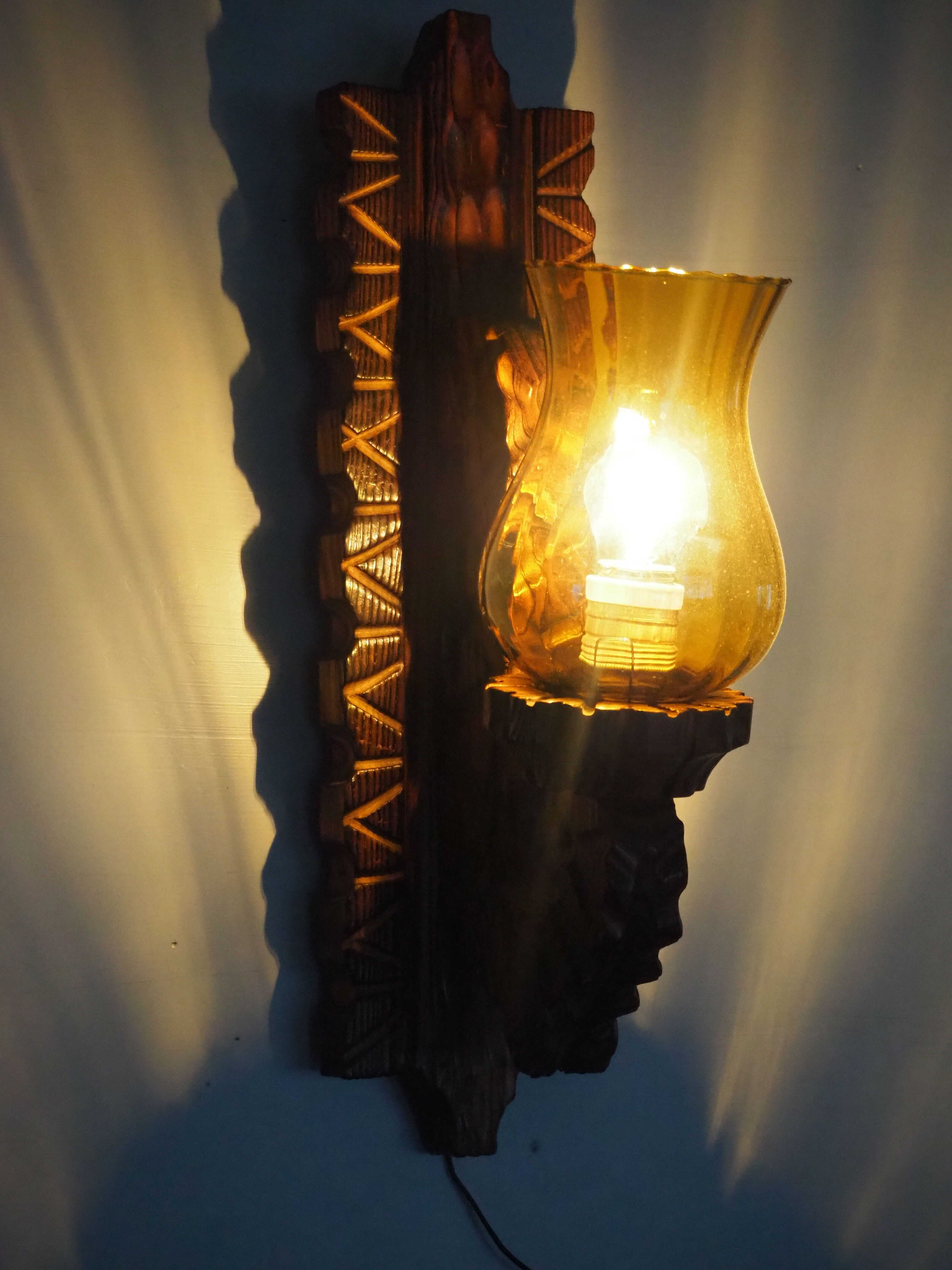 Wall sconce wooden and yellow glass tulip globe