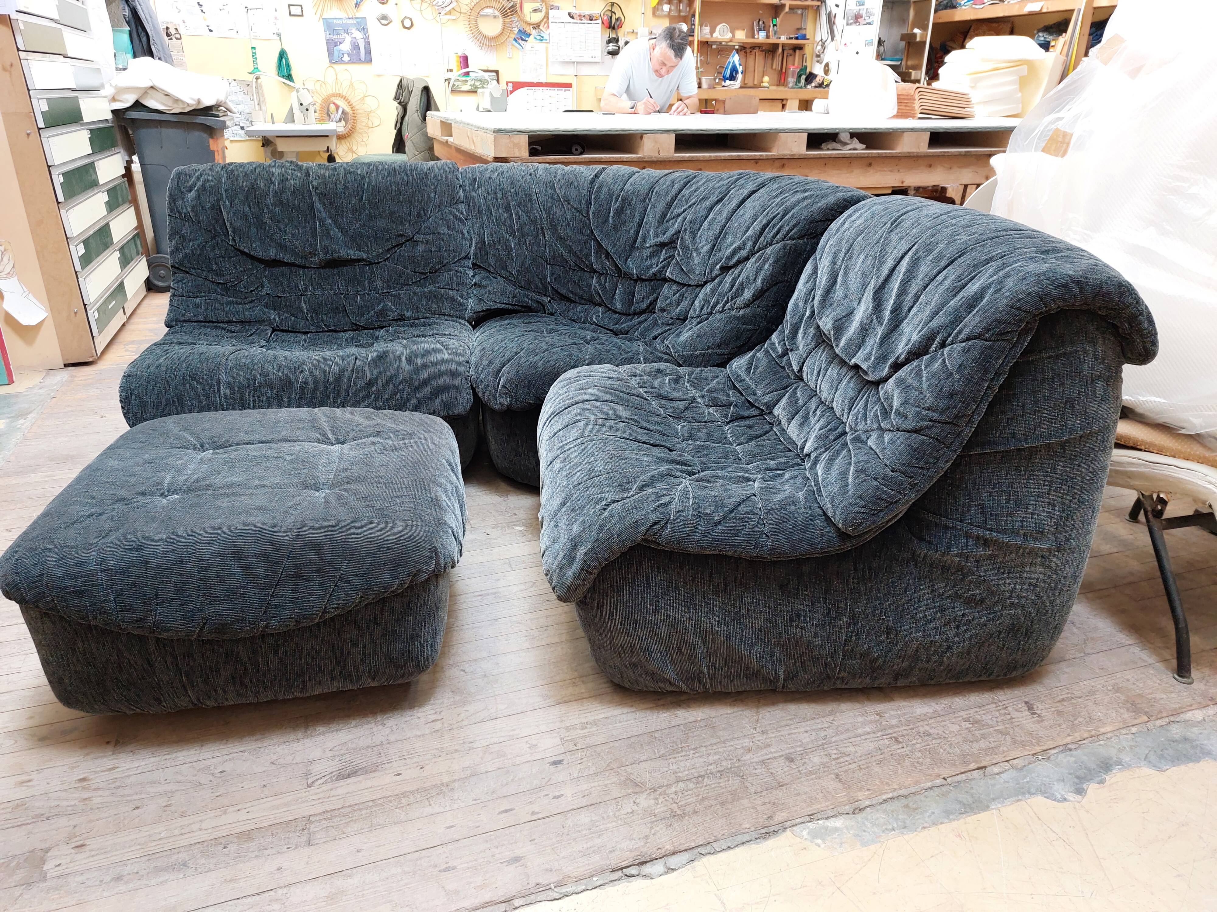 Modular corner sofa, armchairs and vintage Steiner pouf - 80s