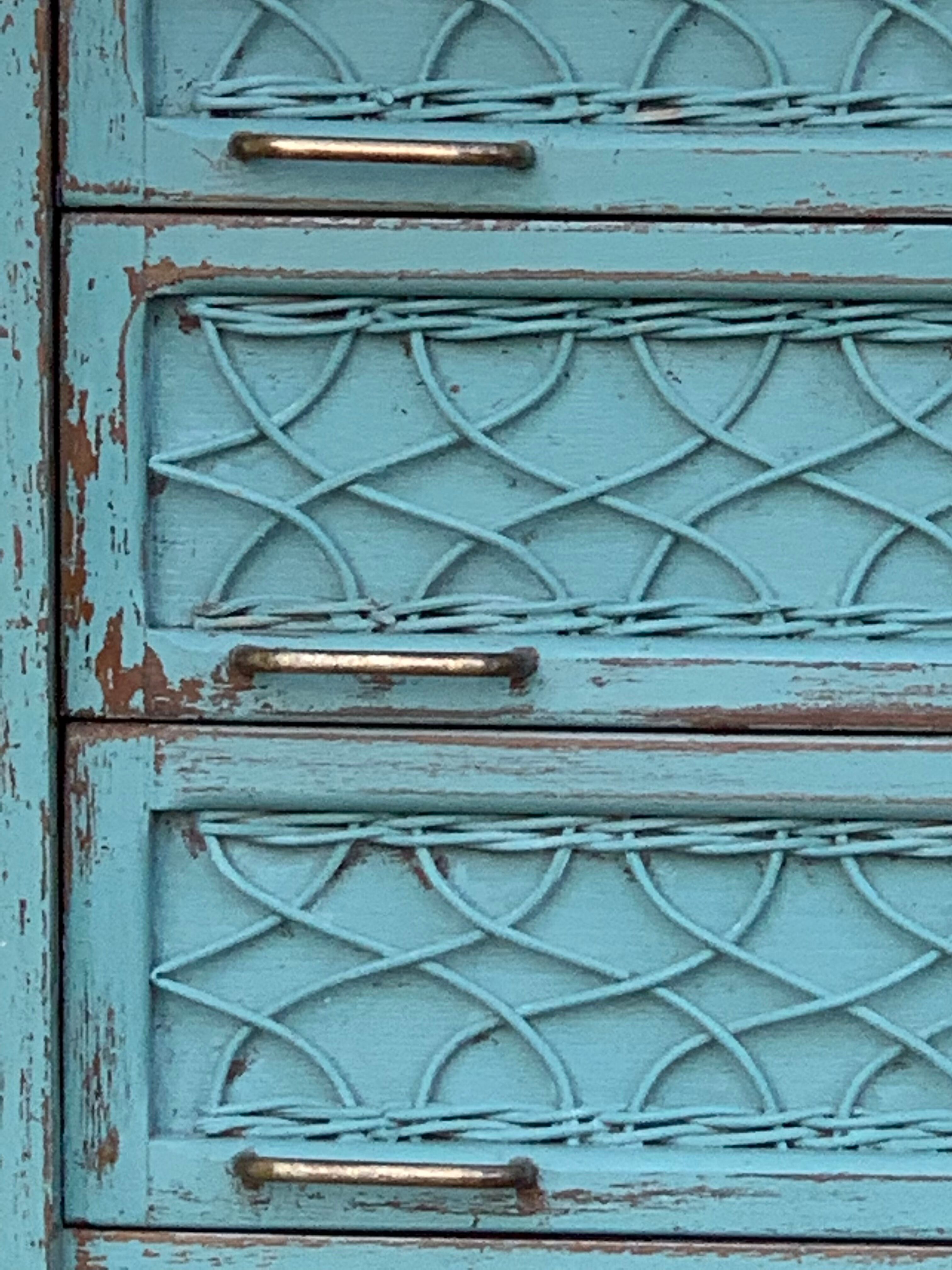 Vintage chest of drawers wood and rattan patina turquoise 1950