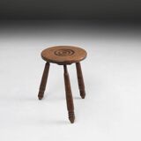 Vintage Brutalist low oak Stool, Belgium 1960s
