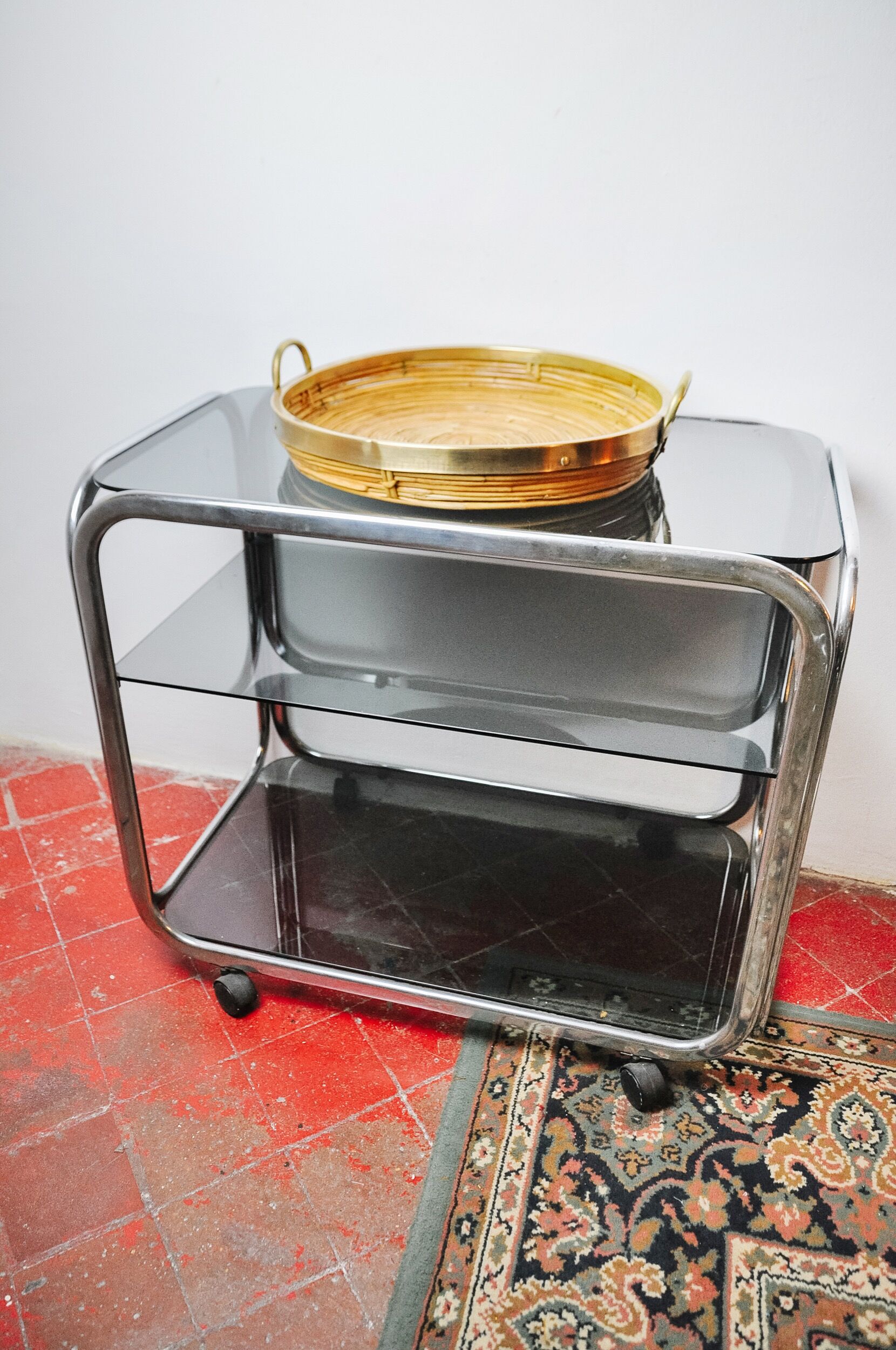 Rattan and brass basket, Italy, 1970