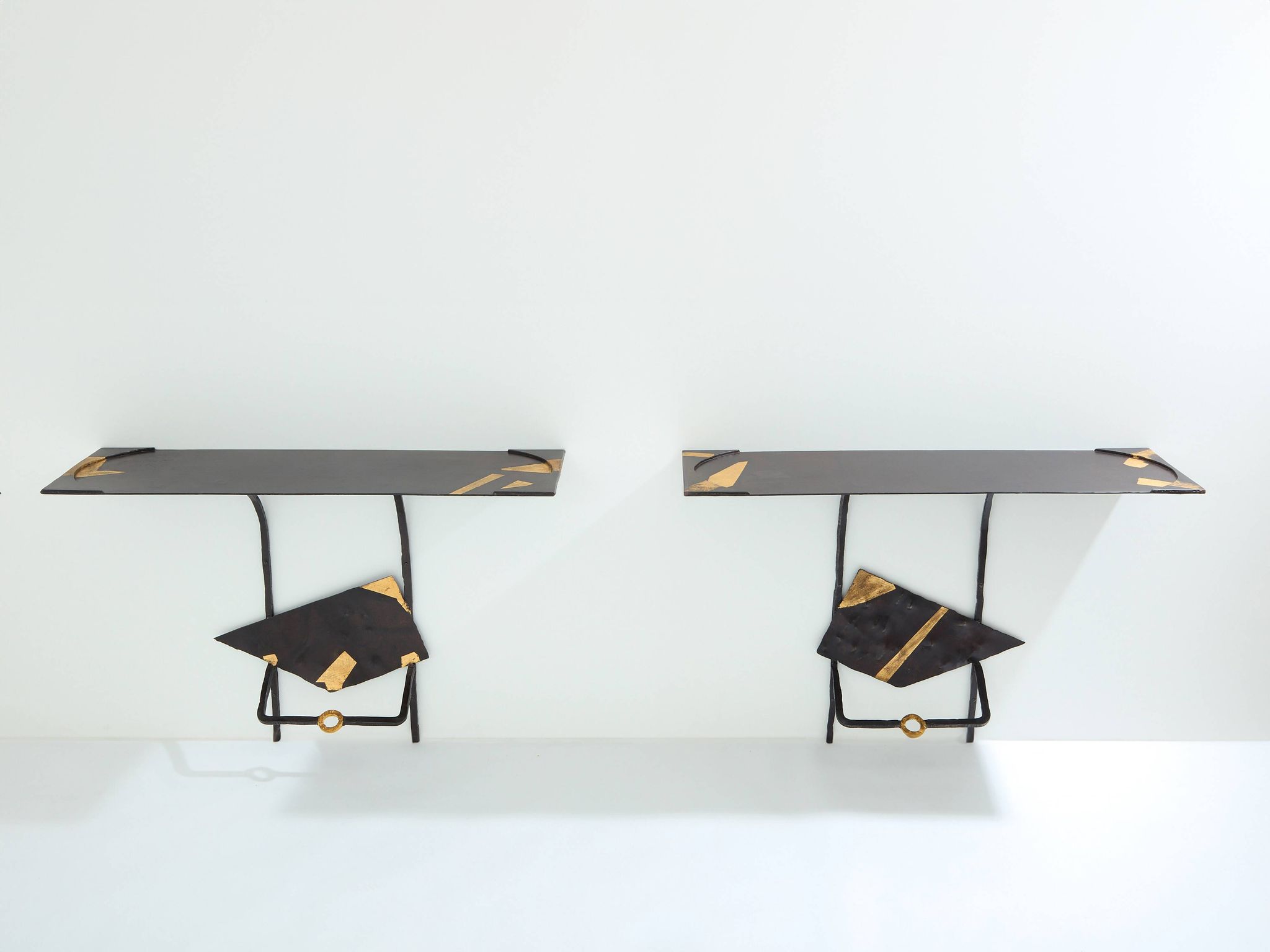 Pair of brutalist wrought iron consoles by Argueyrolles 1990