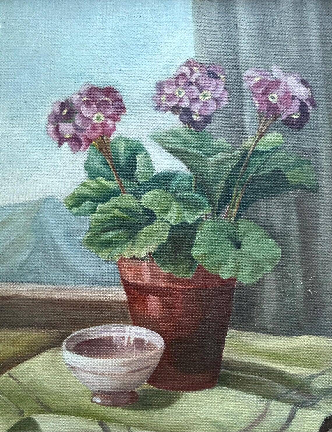 1940s French Cecile Haeni Hydrangea Still Life – Signed Vintage Oil on Pane