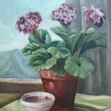 1940s French Cecile Haeni Hydrangea Still Life – Signed Vintage Oil on Pane