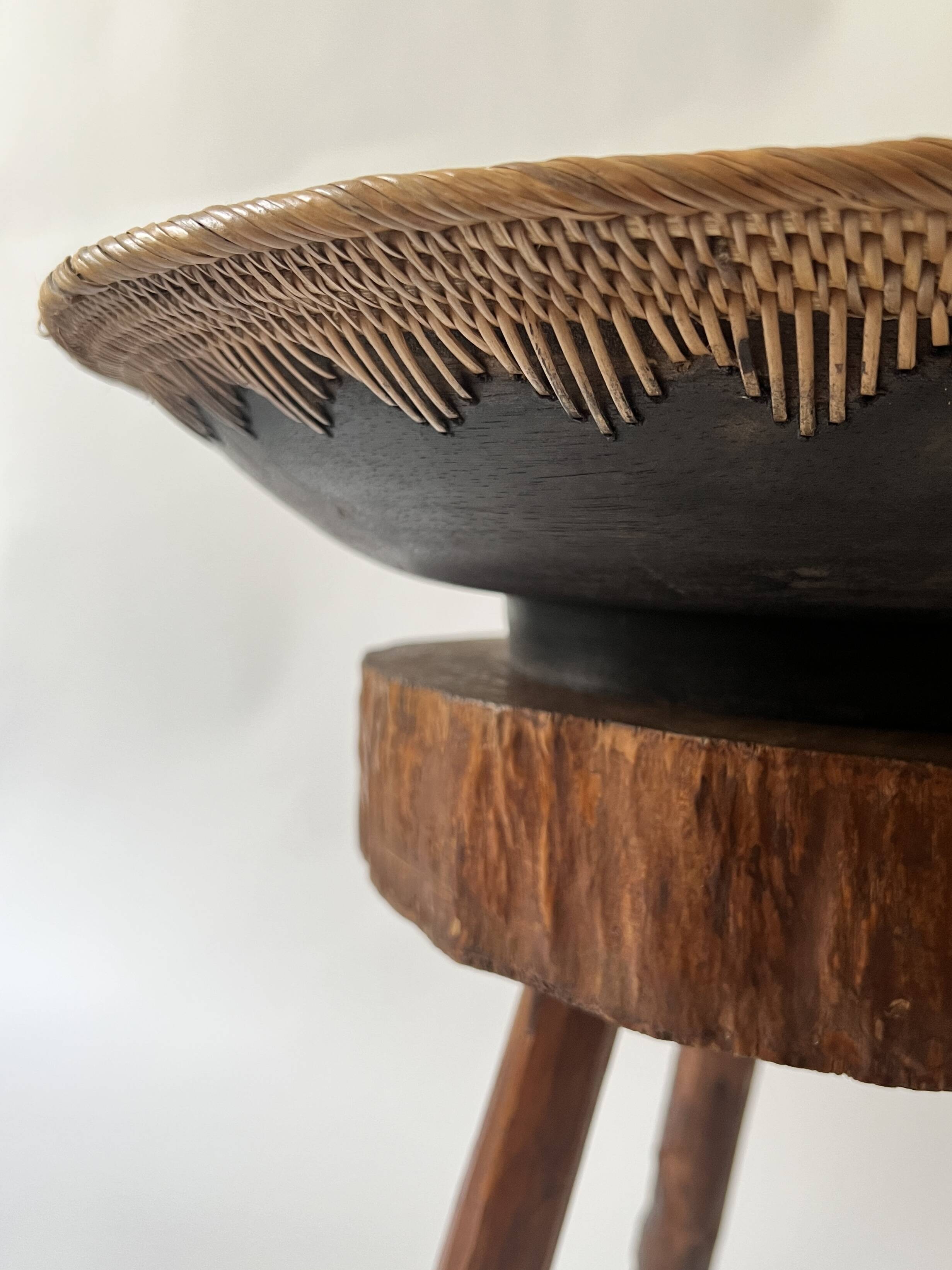Large basket/trinket tray in blackened wood, wickerwork & mother-of-pearl