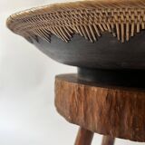 Large basket/trinket tray in blackened wood, wickerwork & mother-of-pearl