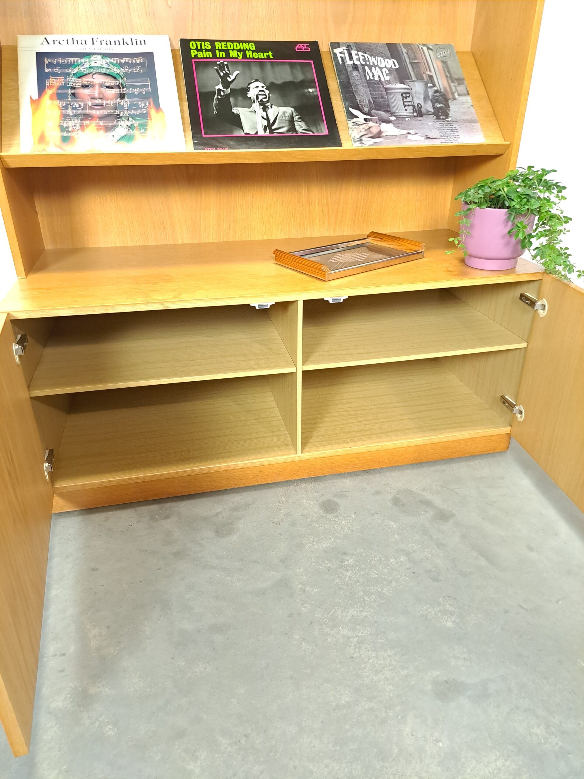 Tall LP display cabinet with glass doors and magazine shelf from Sweden