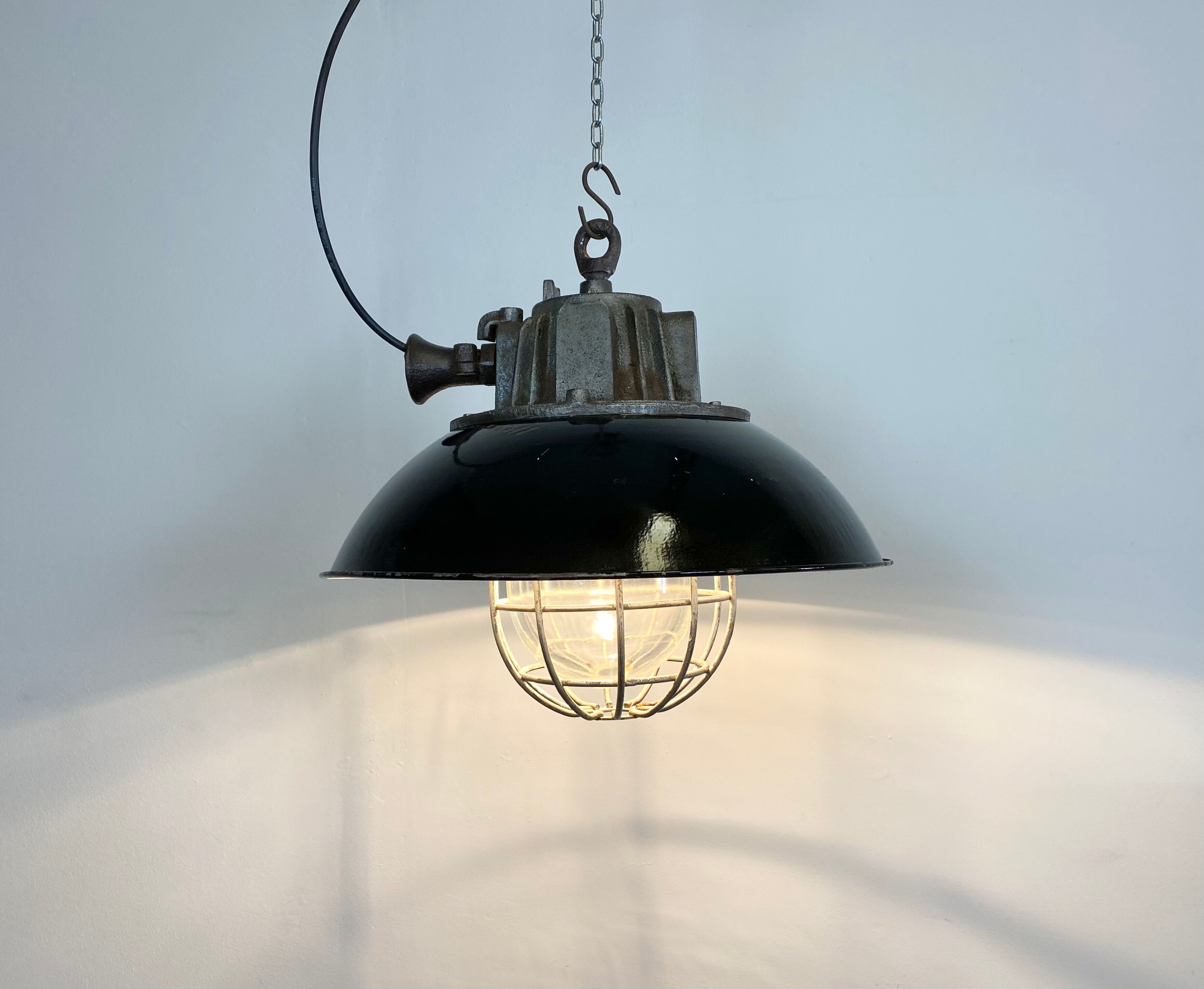 Black Enamel and Cast Iron Industrial Cage Pendant Light, 1950s