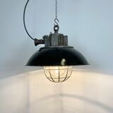 Black Enamel and Cast Iron Industrial Cage Pendant Light, 1950s