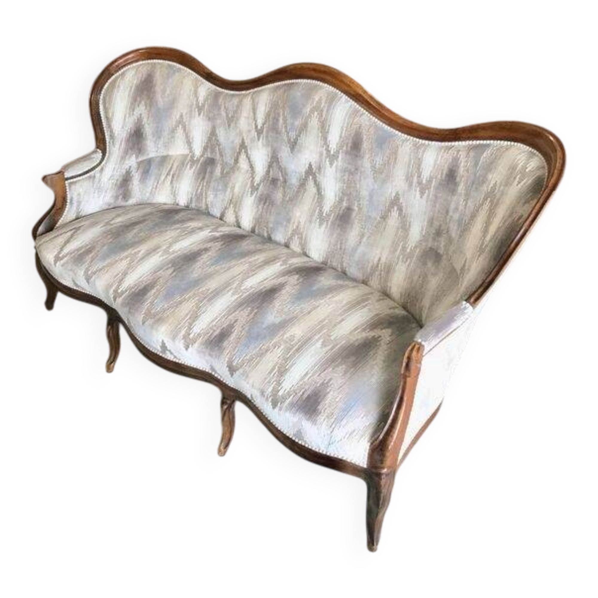 3-seater Louis Philippe Sofa / Solid Walnut & Modern Fabric