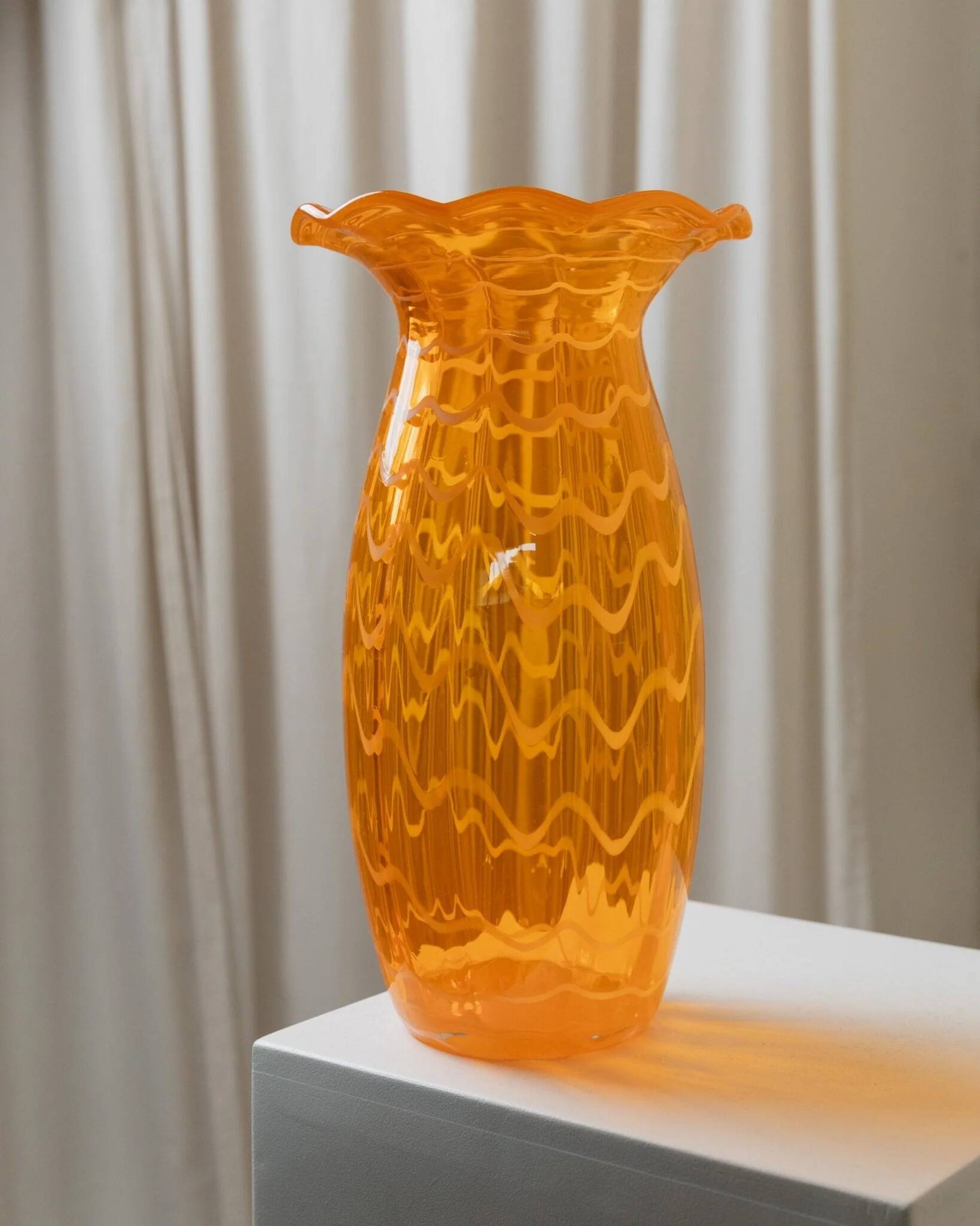 Orange Murano glass vase, XL 34cm, 1970s Italy, white stripes and wavy rim