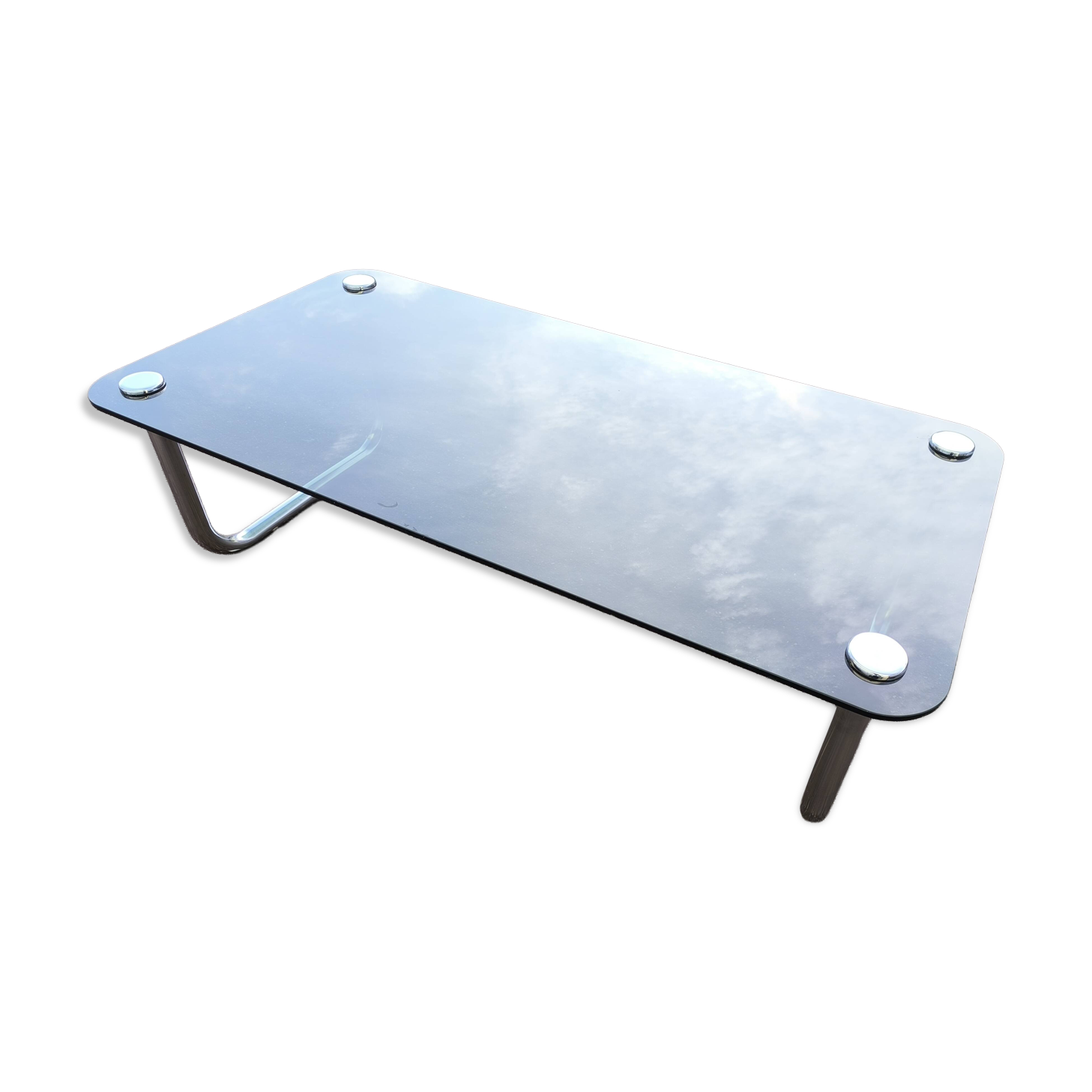 Table basse chromé et verre noir fumé space age italienne