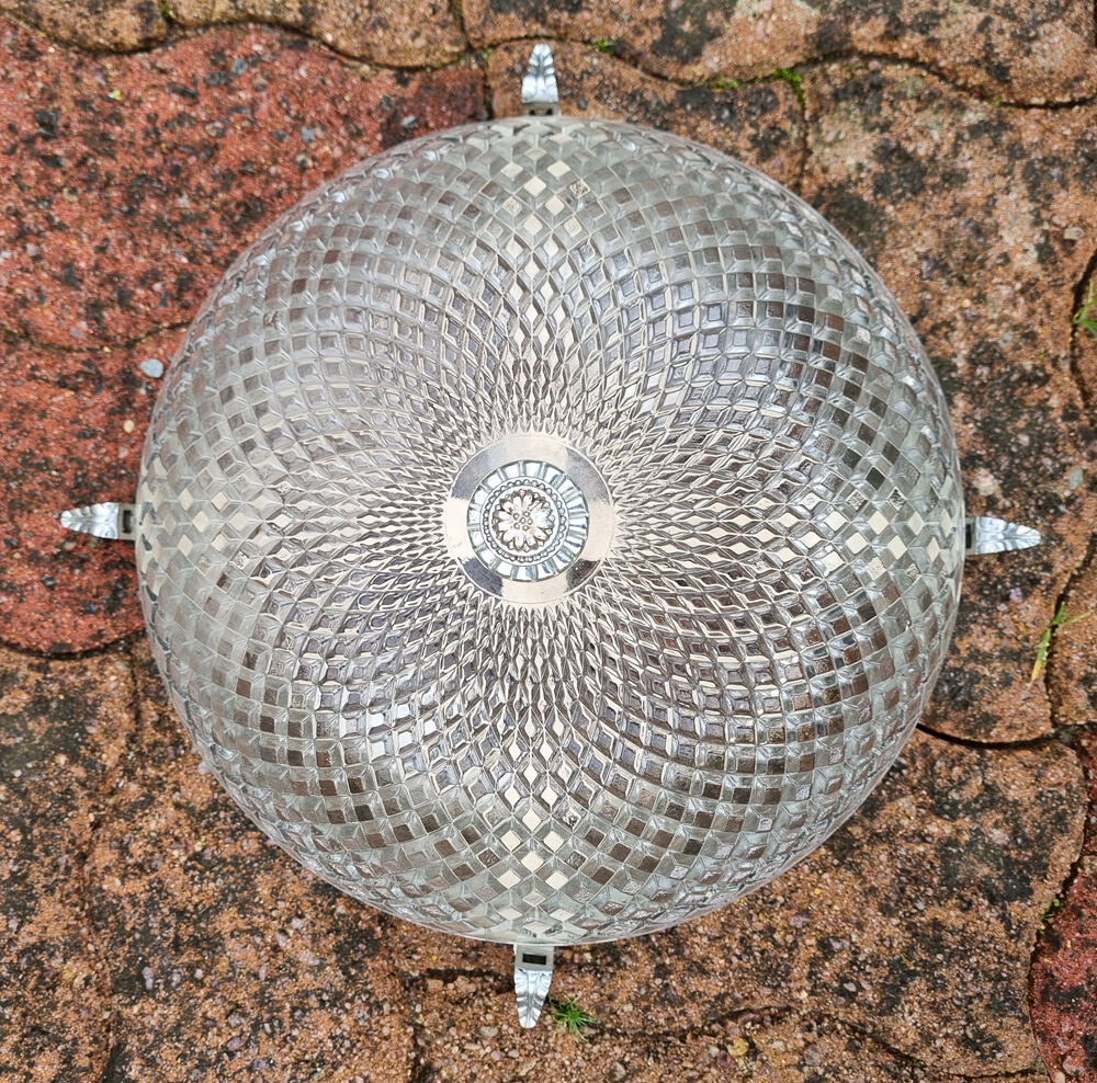 Pair of chrome metal and diamond-tipped glass ceiling lights, 1940s