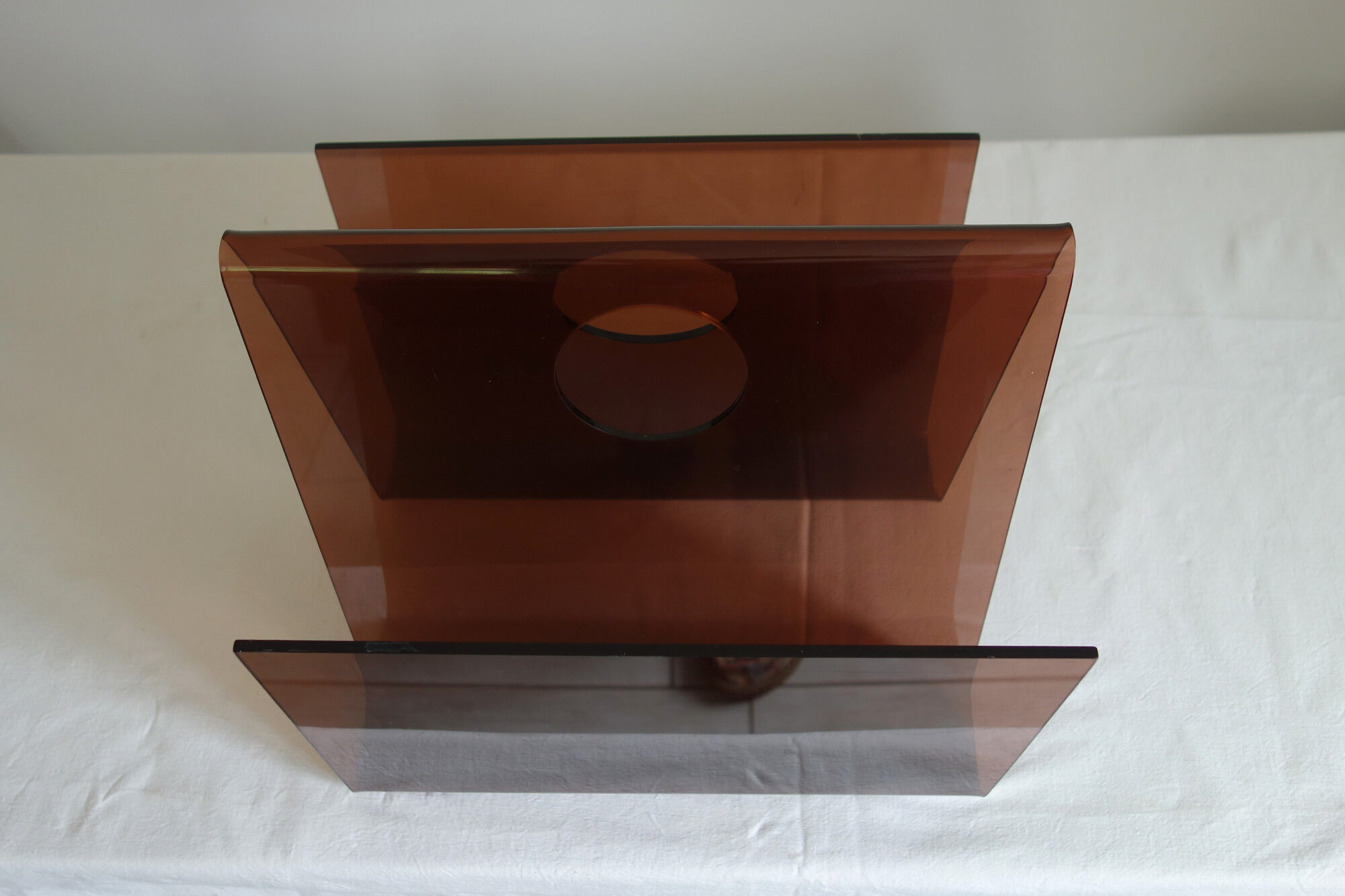 Smoked plexiglass magazine holder, 70s
