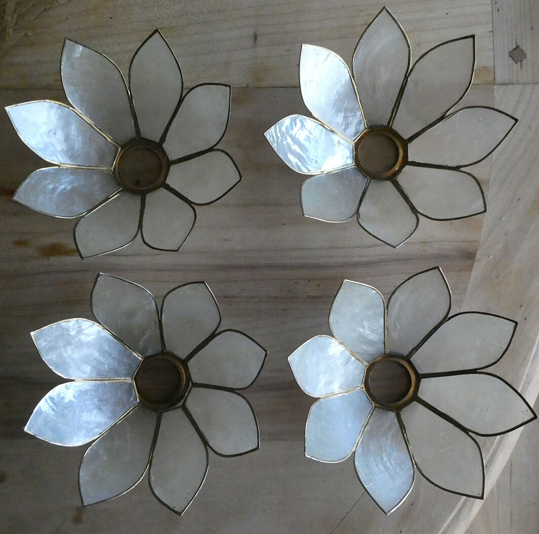 Brass chandelier and flowers in mother-of-pearl petals