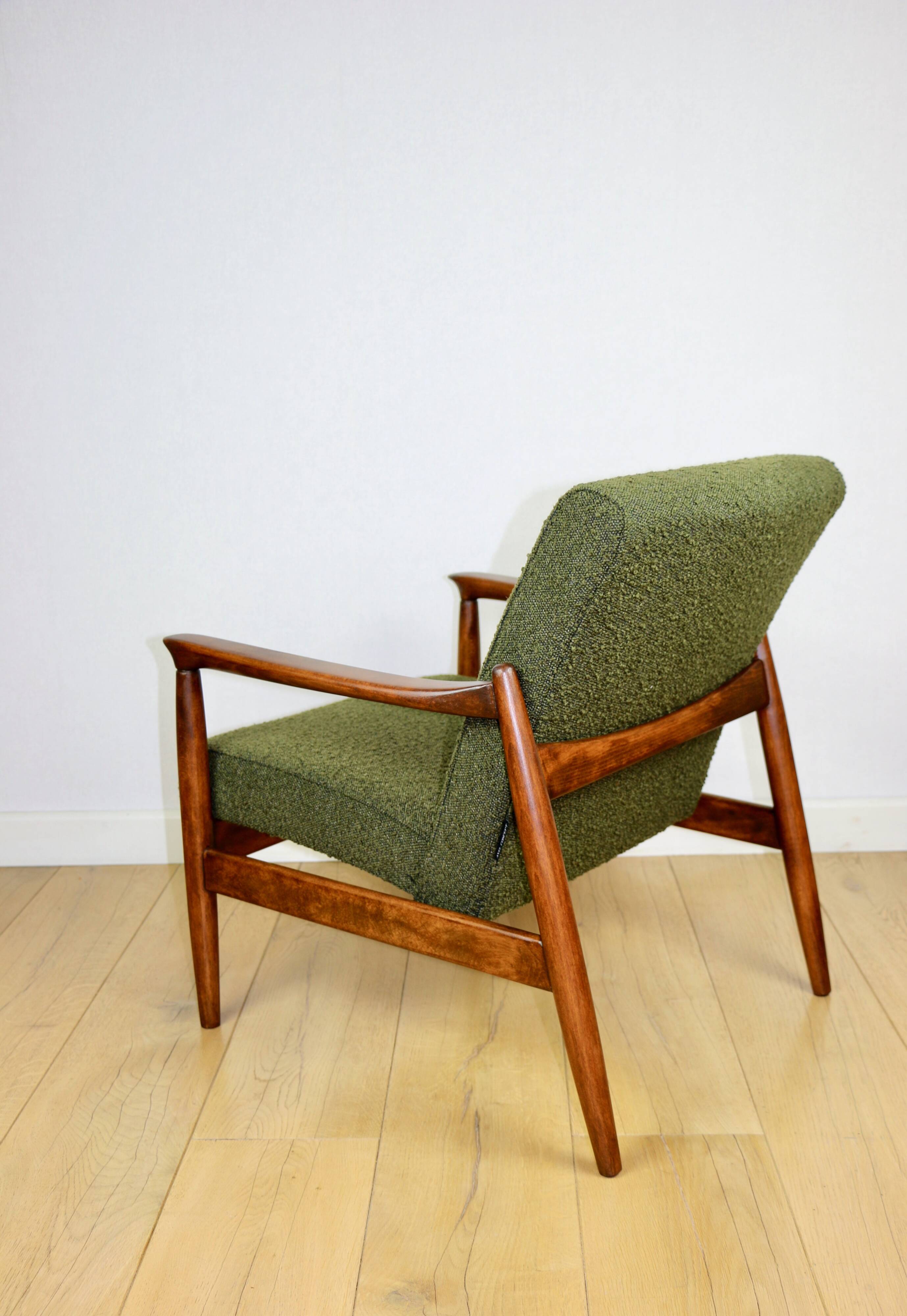 GFM-64 armchair, design by Edmund Homa from the 60s, olive green boucle - 2 pieces available