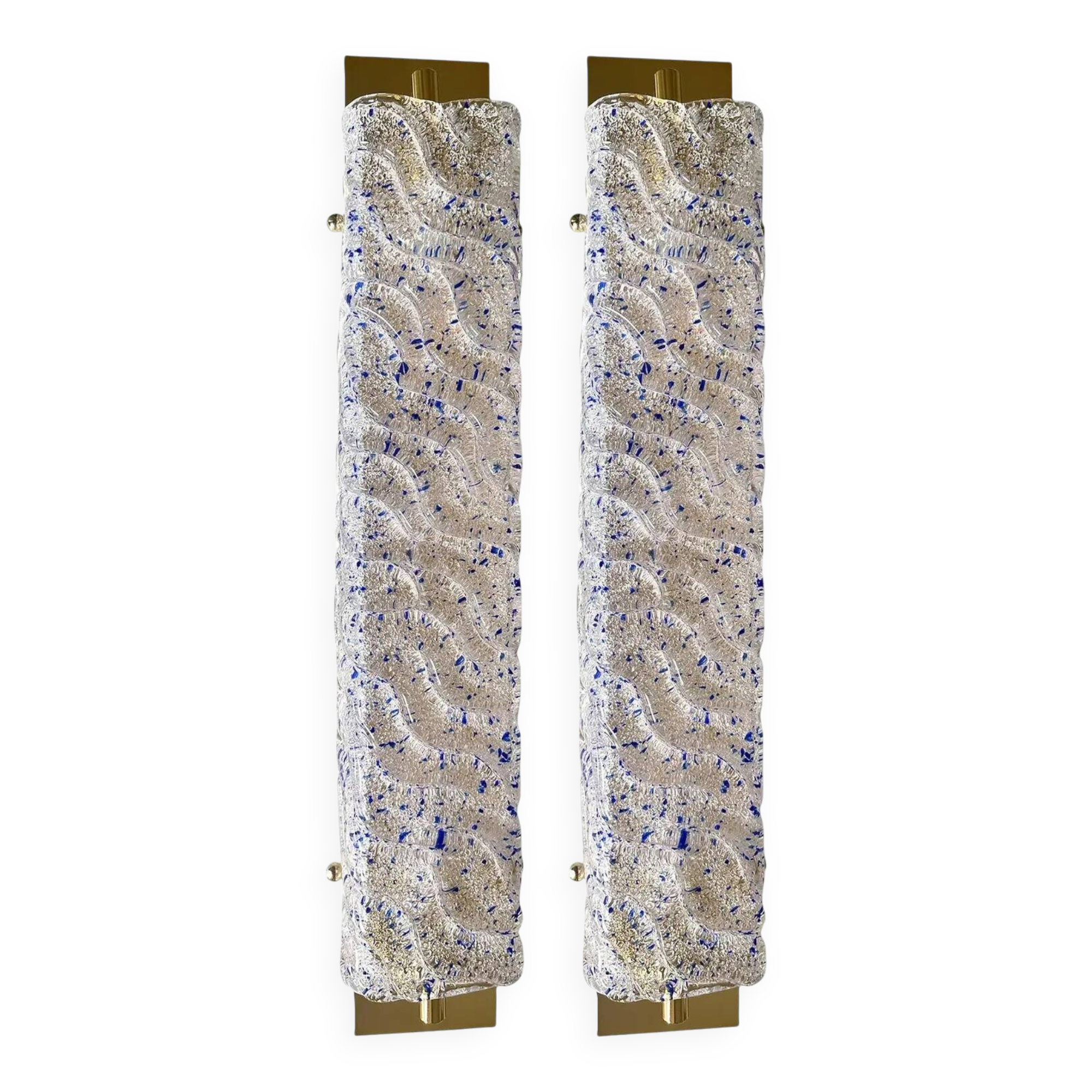 Pair of Gold Wall Sconces With Blue Graniglia Murano Glass