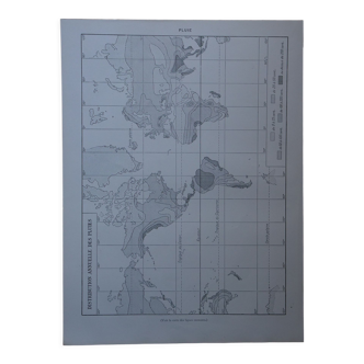 Lithographie originale sur la distribution annuelle des pluies