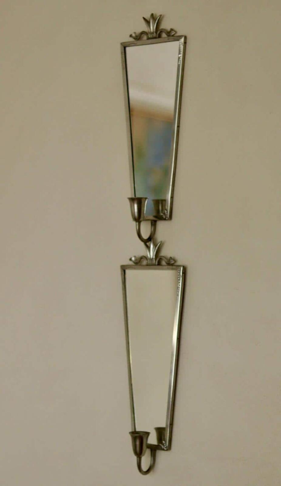 Pair Of Mid Century Swedish Pewter Sconces With Mirror By Svenskt Tenn