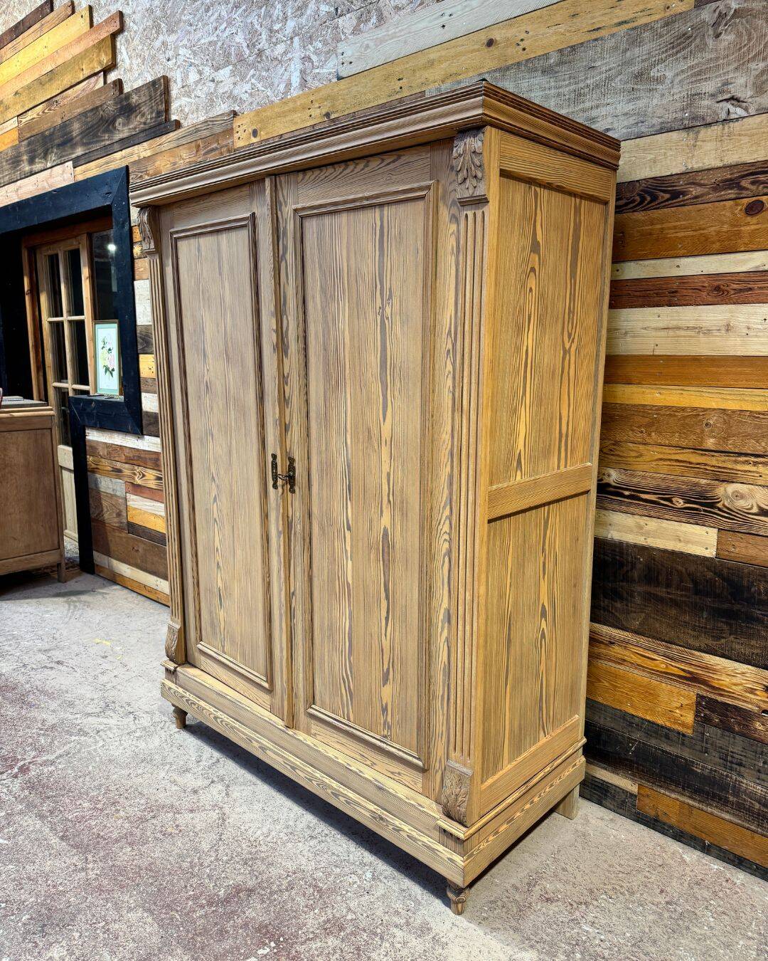 Small antique wardrobe in solid pitch pine.
