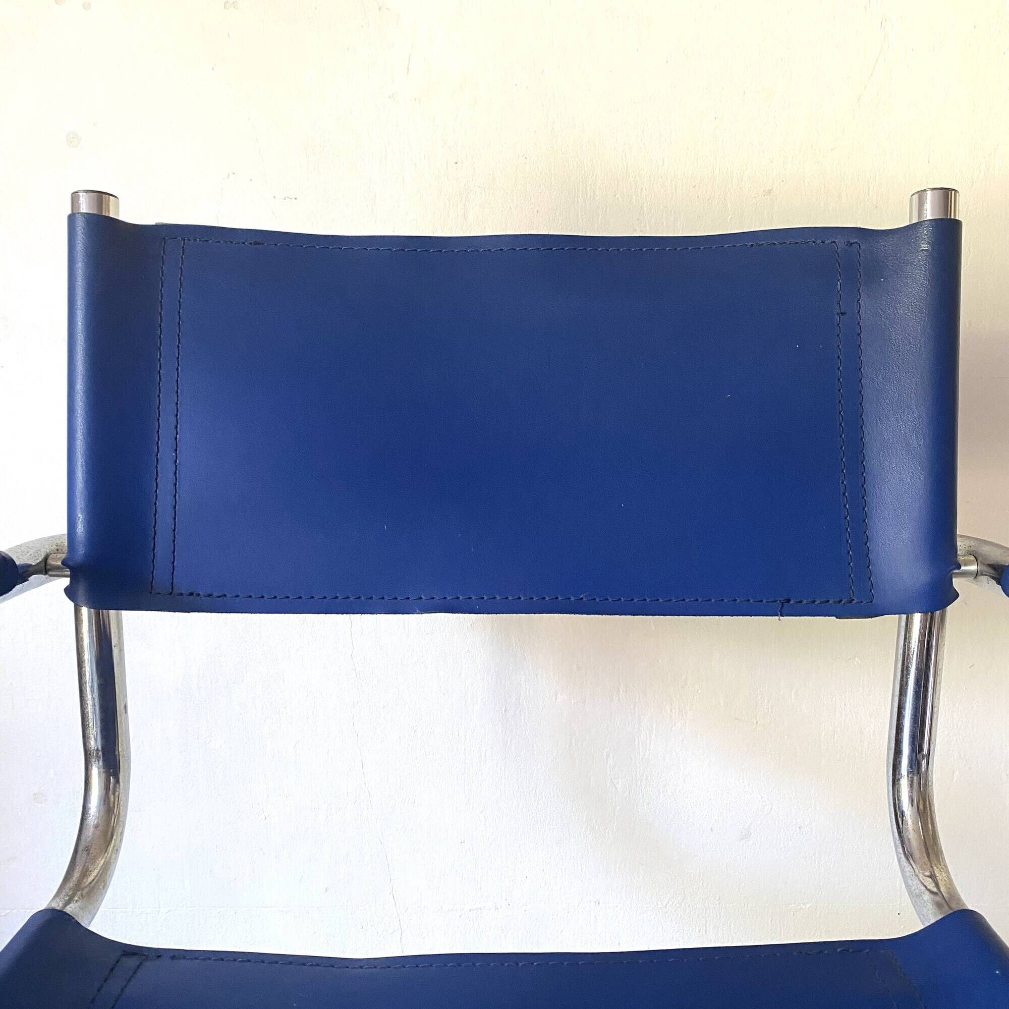 Office chair in blue imitation leather and chrome metal, Matteo Grassi style