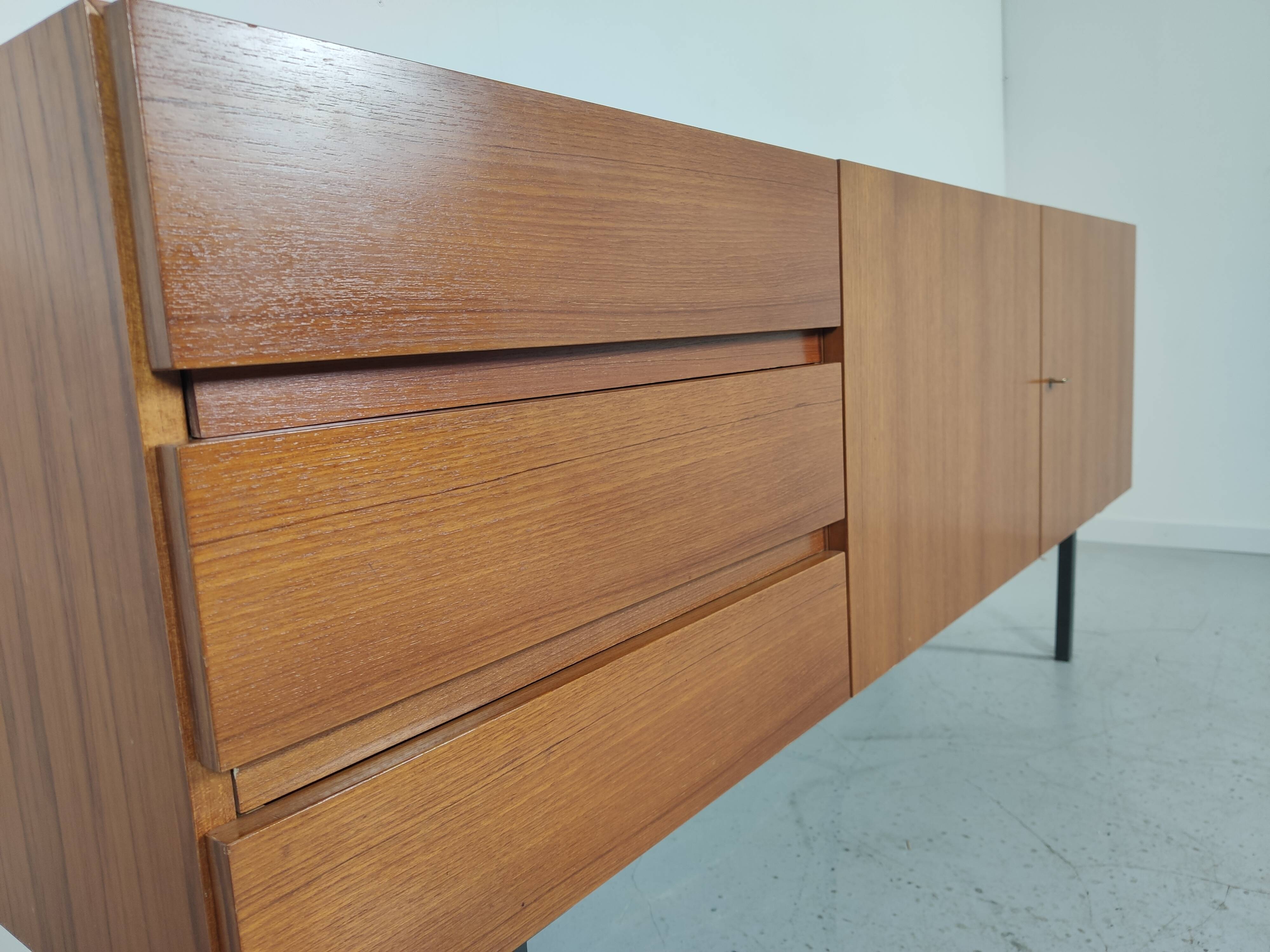 Scandinavian vintage teak and metal long sideboard, 60s
