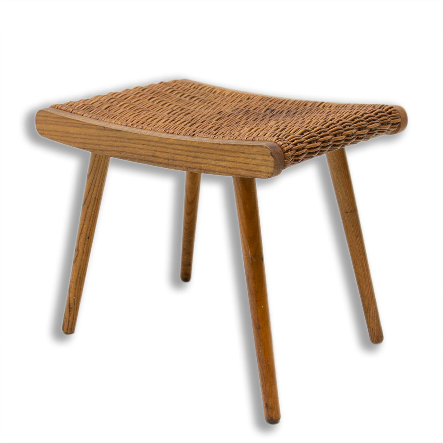 Repose-pied en rotin et hêtre du milieu du siècle par ÚLUV, années 1960, Tchécoslovaquie