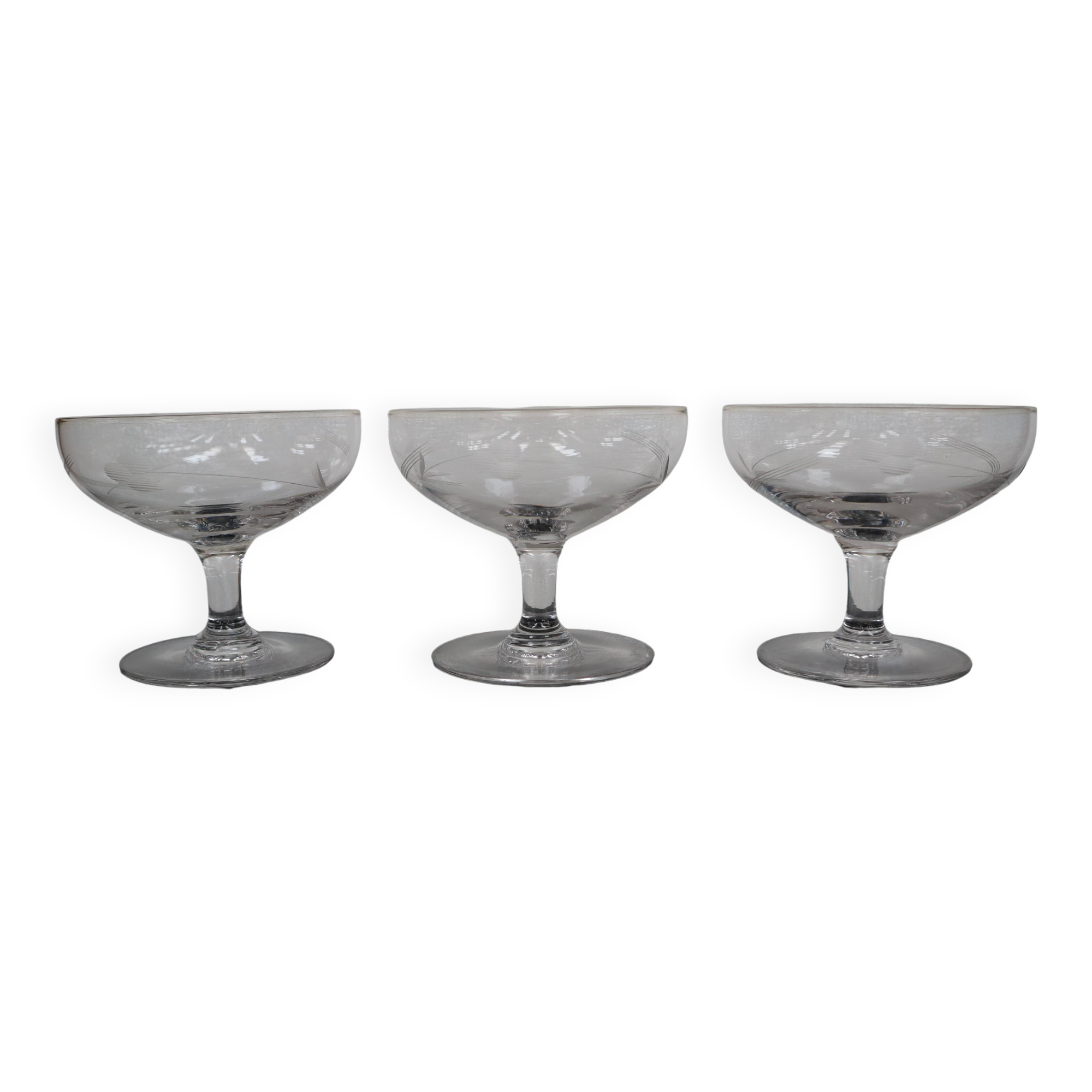 3 Art Deco champagne glasses in engraved glass