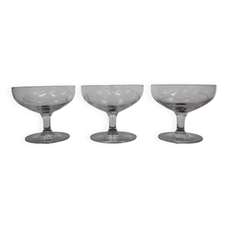 3 Art Deco champagne glasses in engraved glass