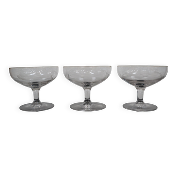 3 Art Deco champagne glasses in engraved glass