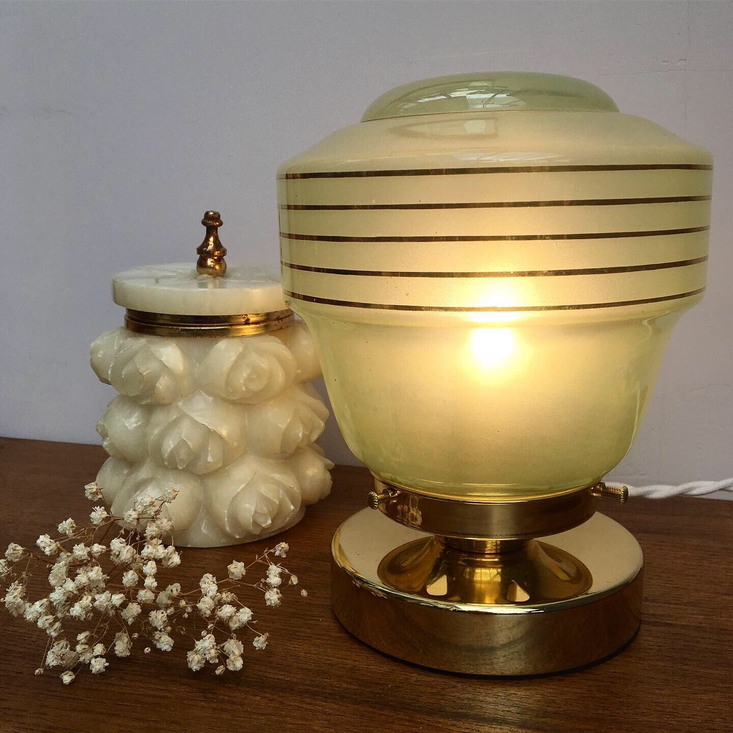Vintage globe-laying lamp in pearly mint opaline, gold stripes