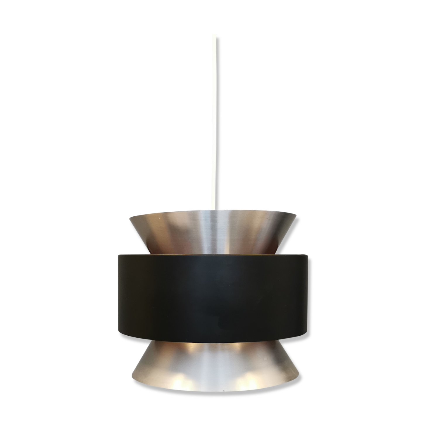 Hanging lamp,  of silver coloured aluminium with black "ring" and orange inner contrast lacquer.