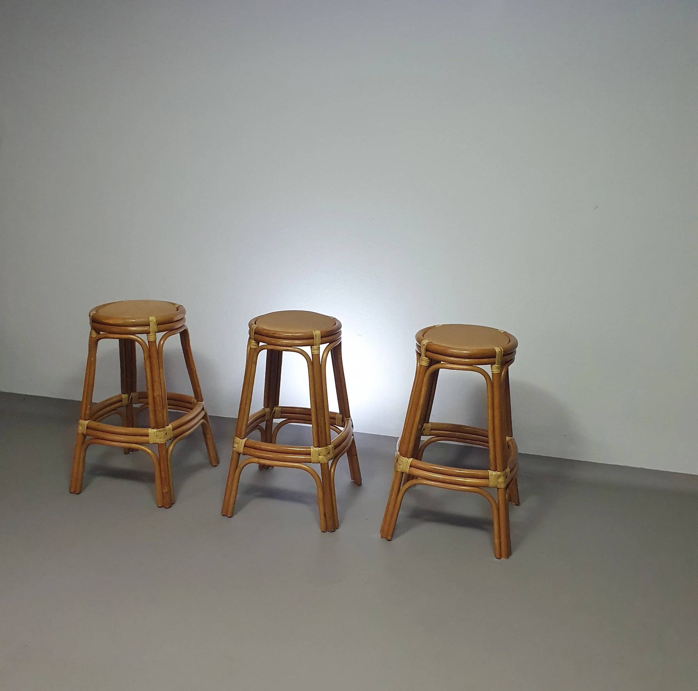 3 x bamboo stool with leather laces / 70s