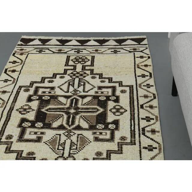1970s Vintage Turkish Handmade Wool & Cotton Beige Runner Rug 96x361