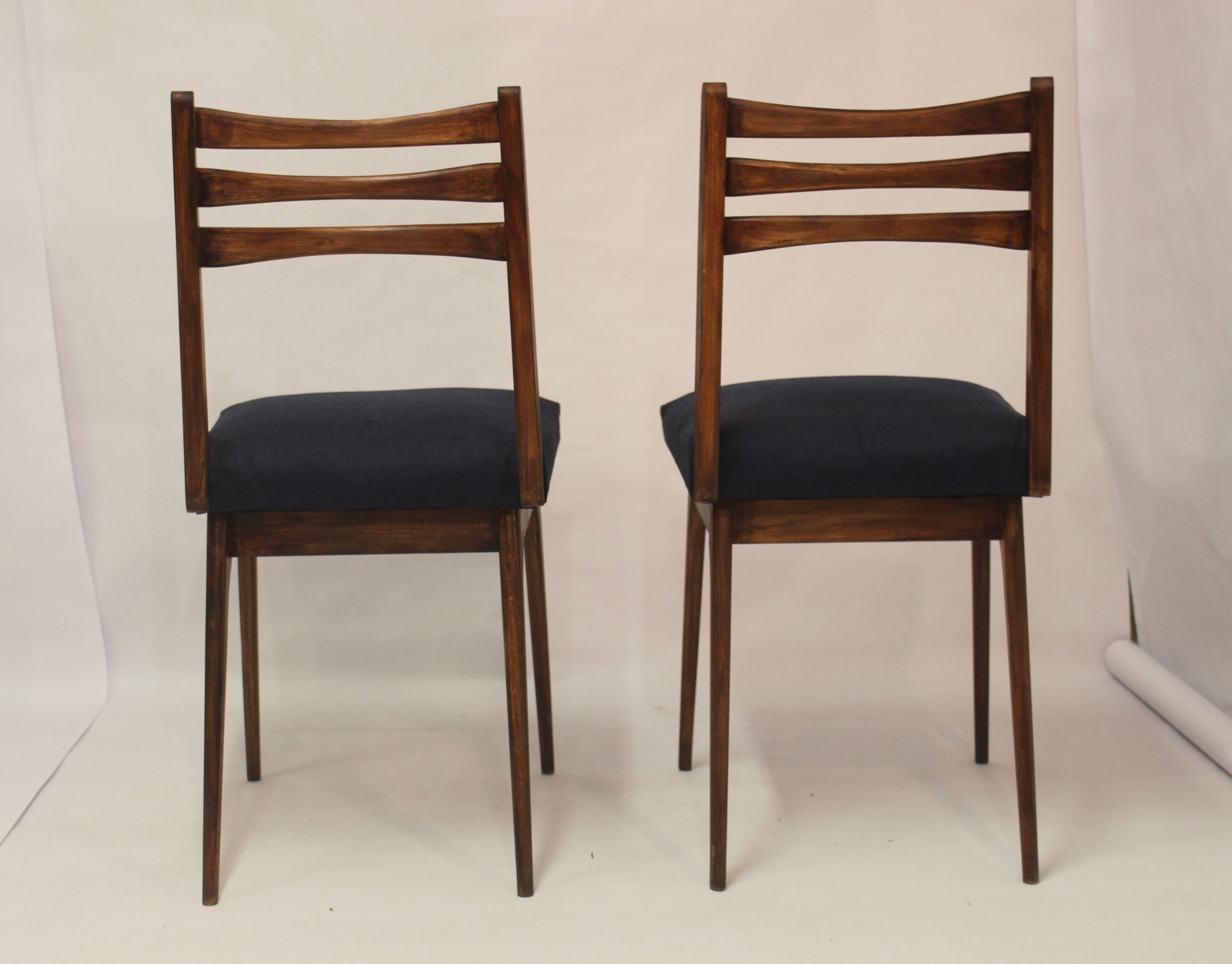 Pair of Scandinavian chairs seated night blue fabric restored, year 60.