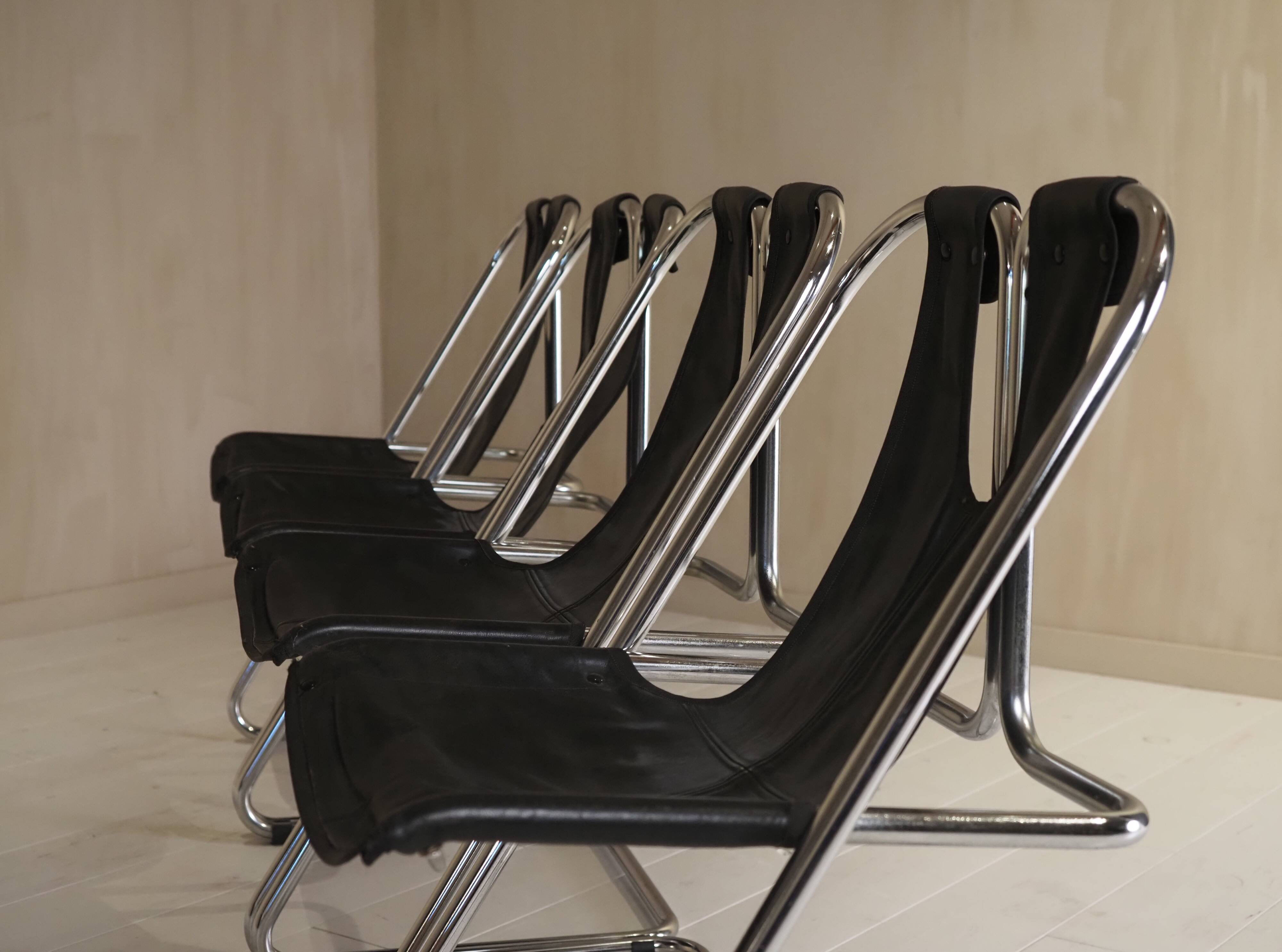 Set of 4 leather and chrome chairs from the 1960s