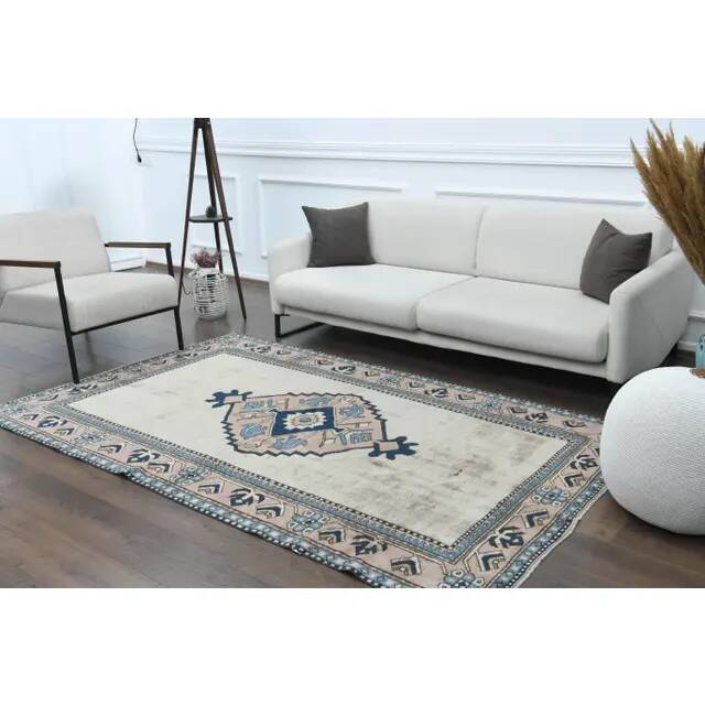 1970s Vintage Turkish Handmade Wool & Cotton Beige Area Rug 158x246