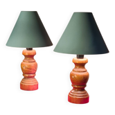 Pair of wooden bedside lamps with steel lampshades, scandinavian