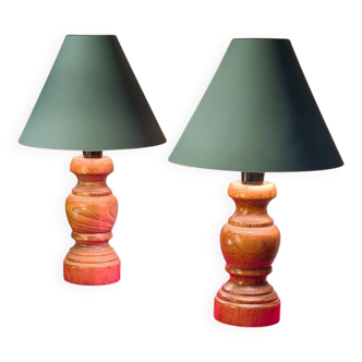 Pair of wooden bedside lamps with steel lampshades, scandinavian