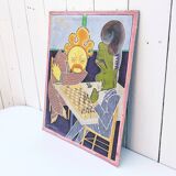 Gouache drawing of cubism chess players signed vintage
