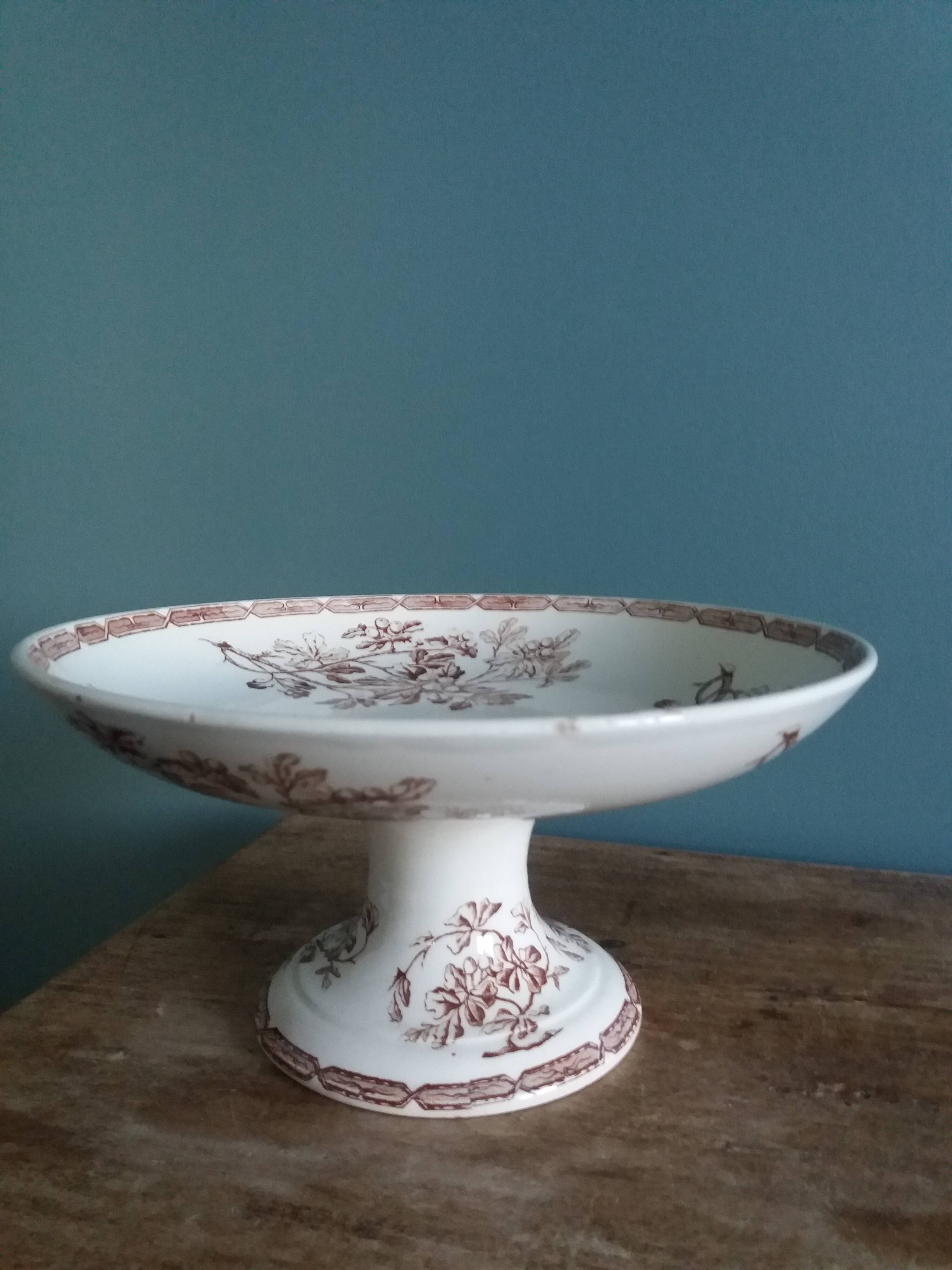 Compotier, coupe sur pied, Luneville K&G, décor chêne marron