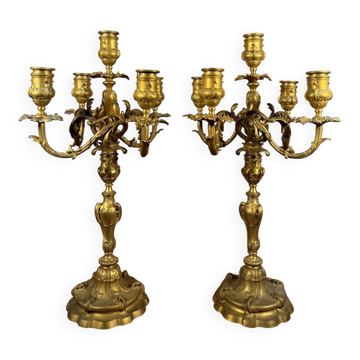Pair of Louis XV style gilt bronze candelabra signed Ferdinand Barb