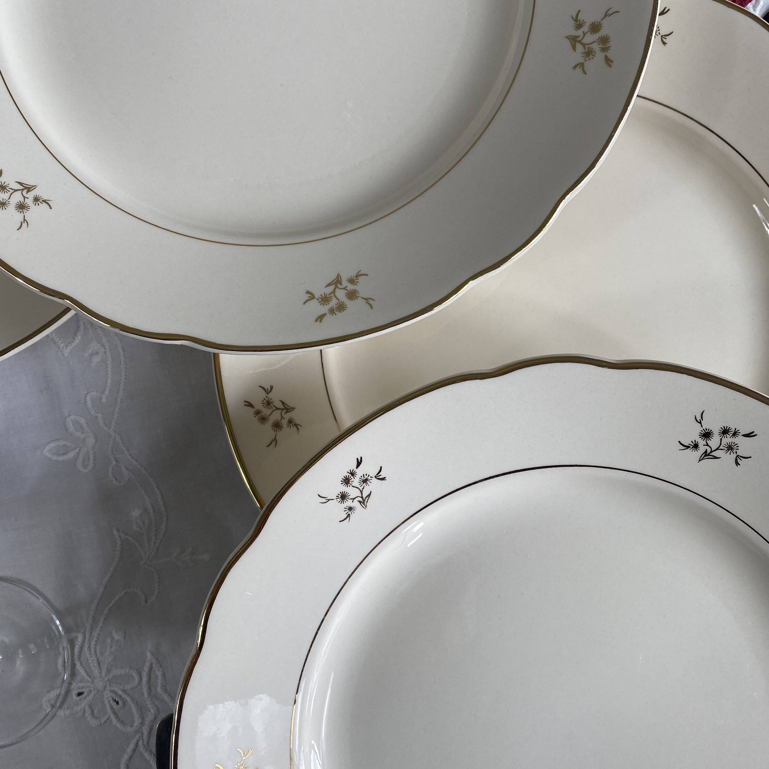6 antique beige earthenware dinner plates with gold decoration and flowers by Villeroy Boch.