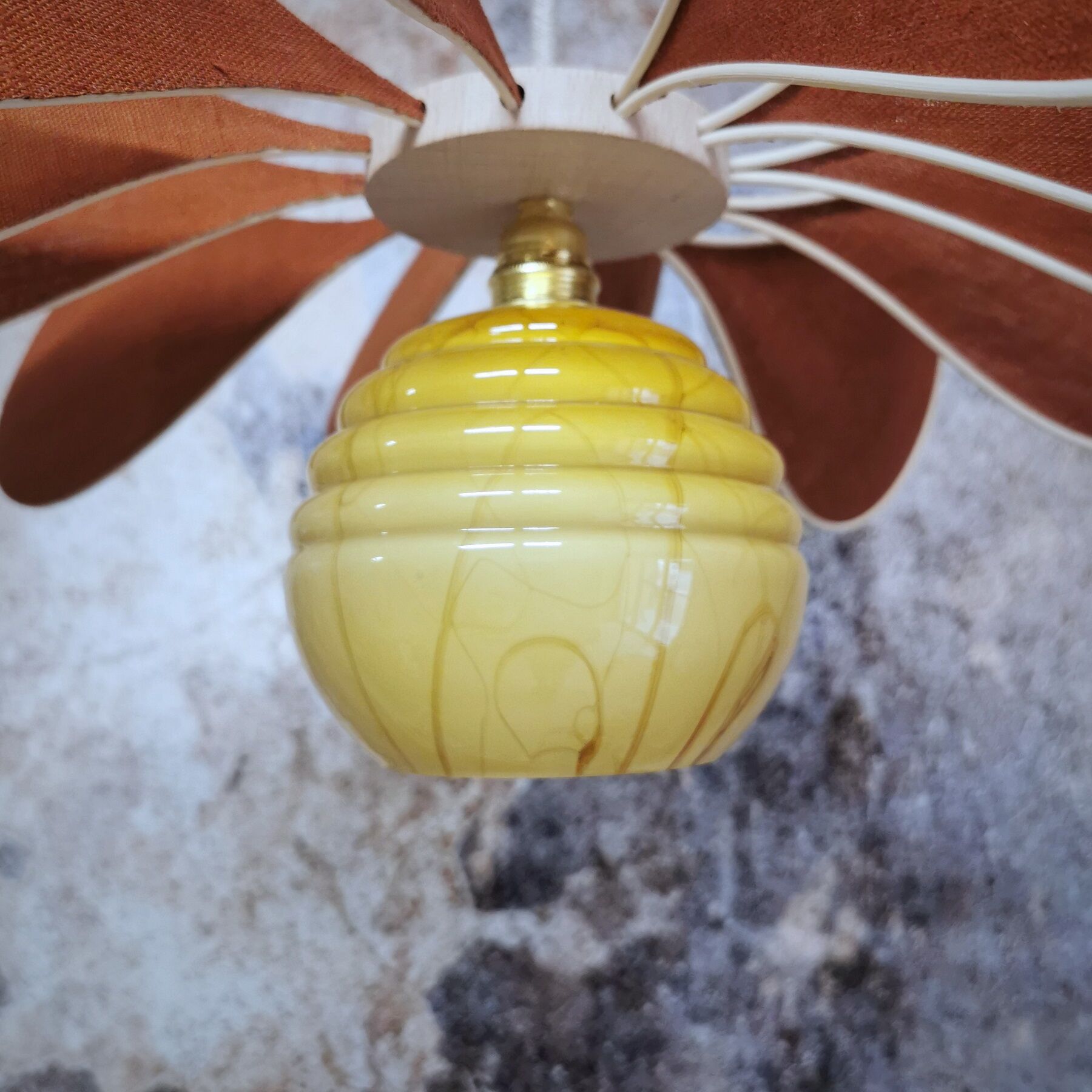 Pendant light flower 12 blades linen, rattan and vintage globe