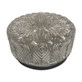 Plafonnier rond verre moulé transparent et socle en métal noir vintage