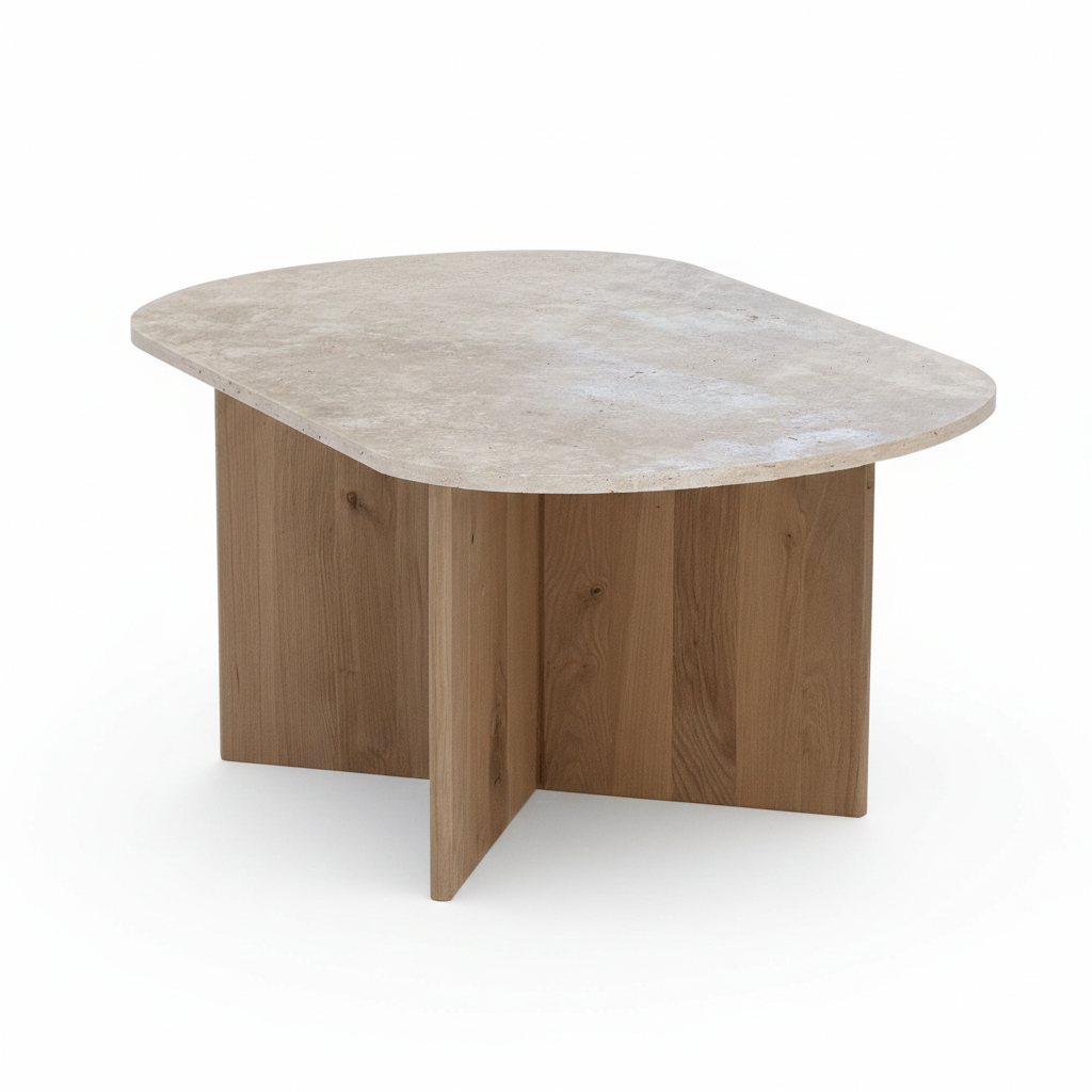 Oval coffee table in travertine and raw oak.