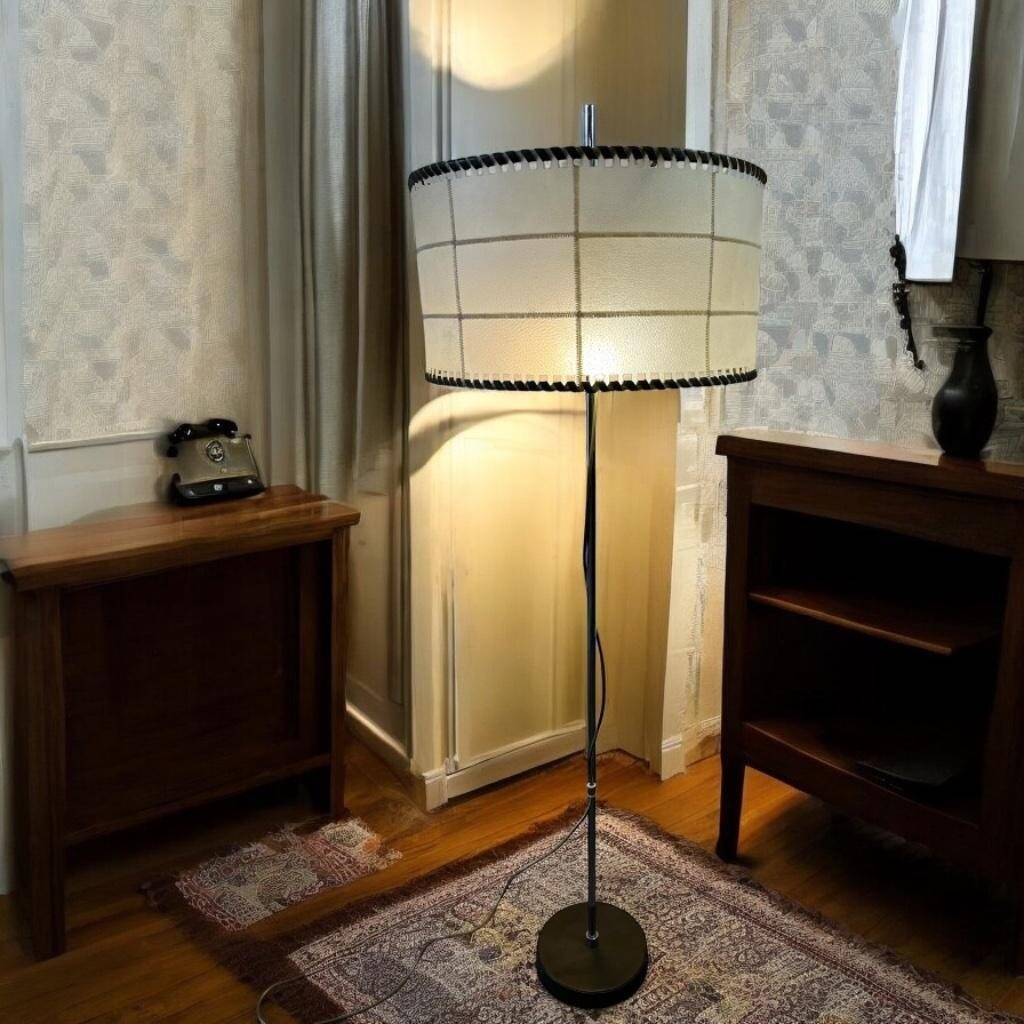Vintage floor lamp with parchment and leather shade, 1960s