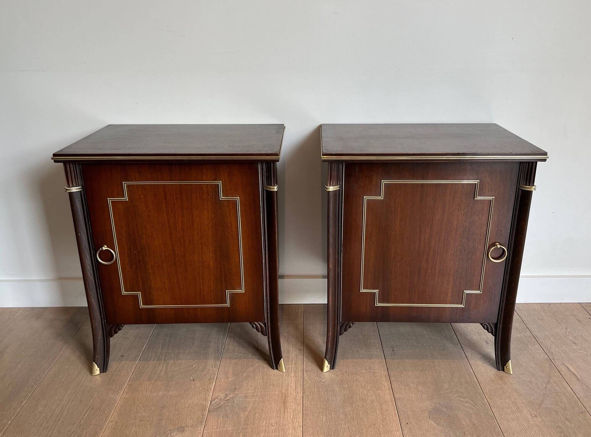 Pair of Occasional Tables with Mahogany Doors and Brass Inlays. Work F