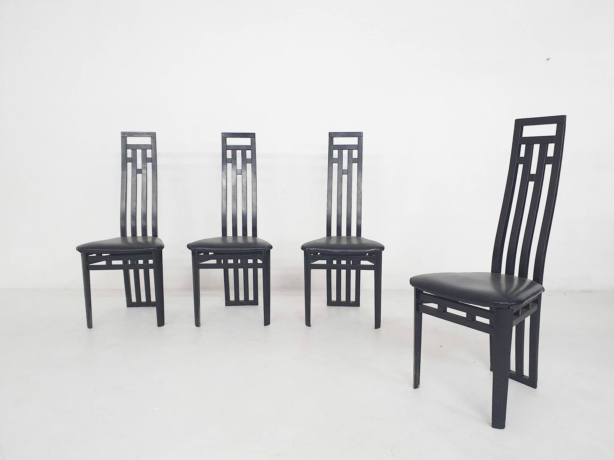 Antonio Sibau black leather dining room chairs, Italy 1980's